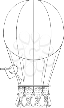 Cartoon stick drawing conceptual illustration of man or businessman in hot air balloon looking through spyglass.