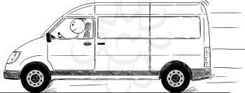Cartoon stick drawing conceptual illustration of fast driving generic delivery van.