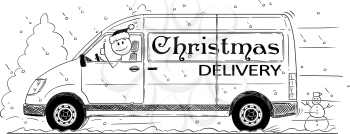 Cartoon stick drawing conceptual illustration of driver of fast driving generic delivery van with Christmas delivery text showing thumbs up gesture.