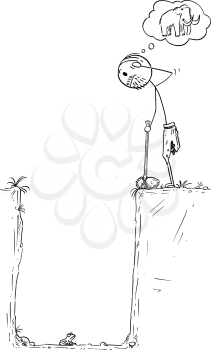 Cartoon stick drawing conceptual illustration of prehistoric man or caveman who catch small frog in pitfall instead of mammoth. Concept of hard livelihood and hunger.
