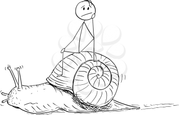 Cartoon stick drawing conceptual illustration of frustrated man or businessman sitting on the shell of snail and moving slow. Metaphor of slow progress and long waiting.