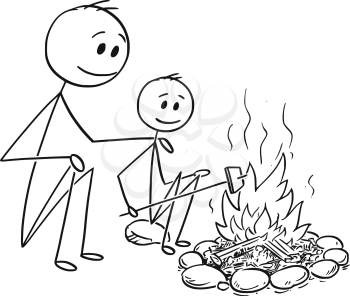 Cartoon stick man drawing conceptual illustration of father and son sitting around fire or campfire.