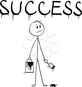 Cartoon stick man drawing conceptual illustration of businessman with brush and paint can painting or drawing the word success.