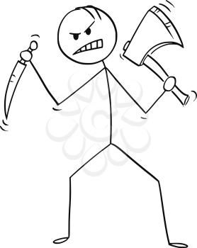 Cartoon stick man drawing illustration of mad killer or murderer with axe or ax and knife.
