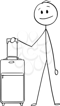 Cartoon stick man drawing conceptual illustration of man or male tourist with wheeled luggage or case going on holiday or vacation.