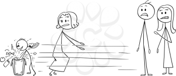 Cartoon stick drawing conceptual illustration of ill-mannered child looking for gift instead of welcoming grandmother. Parents are stunned.