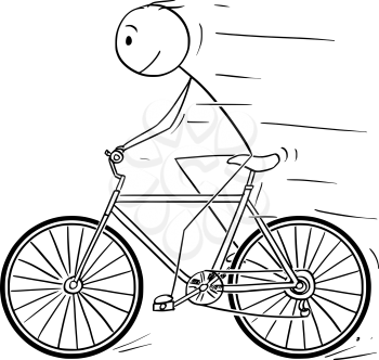 Cartoon stick drawing illustration of man riding or cycling on bicycle.