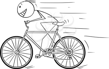 Cartoon stick drawing illustration of man riding or cycling fast on bicycle.
