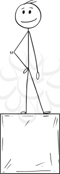 Cartoon stick drawing conceptual illustration of man or businessman standing on box or cube.
