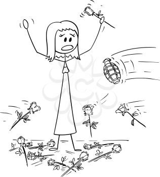 Cartoon stick drawing conceptual illustration of woman on stage to who was given standing ovation and flowers are thrown from audience. Hand grenade is thrown instead of one rose. Metaphor of envy and begrudging.