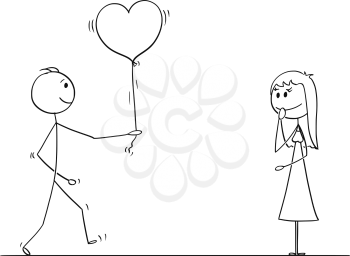 Cartoon stick drawing conceptual illustration of loving man or boy in love giving heart shaped balloon to woman or girl on date as gift or present.
