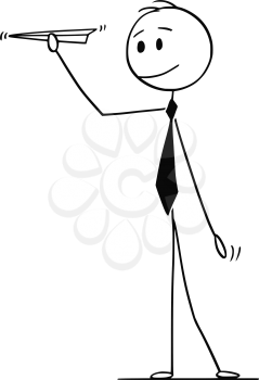 Cartoon stick drawing conceptual illustration of businessman holding paper airplane toy.