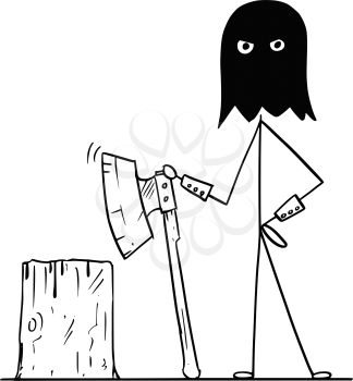 Cartoon stick drawing conceptual illustration of medieval executioner in black hood with execution block and large ax.
