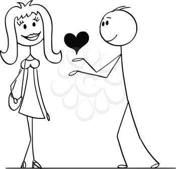 Cartoon stick drawing conceptual illustration of man giving heart to woman. Metaphor of love confession.