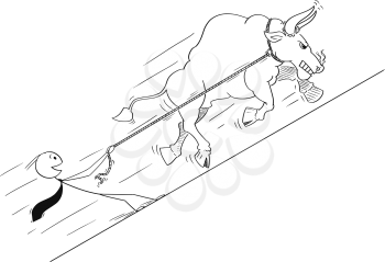 Cartoon stick drawing conceptual illustration of bull as rising market prices symbol pulling happy businessman on rope.