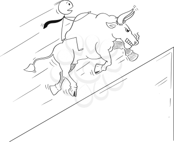 Cartoon drawing conceptual illustration of businessman riding on bull as symbols of rising market prices. Bull is running uphill, but way ends in chasm.