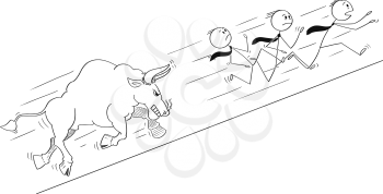 Cartoon stick drawing conceptual illustration of group of businessmen running uphill away from angry bull as rising market prices symbol.