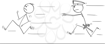 Cartoon stick drawing conceptual illustration of man or businessman running from policeman chasing or catching him.