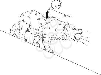Cartoon drawing conceptual illustration of businessman riding uphill on bear as symbols of falling market prices.