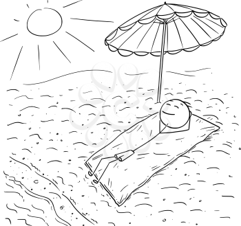 Cartoon stick drawing conceptual illustration of man lying on sandy beach on blanked under umbrella enjoying sun and ocean.