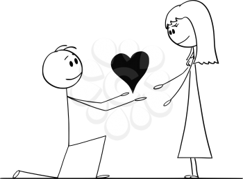 Cartoon stick drawing conceptual illustration of man kneeling and giving big heart to his beloved woman of love.