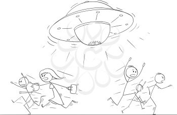 Cartoon stick figure drawing illustration of group or crowd of people running in panic away from UFO or alien space ship.