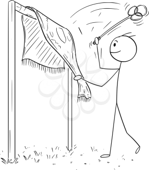 Cartoon stick figure drawing of man beating rug or carpet with beater or whip removing dust.
