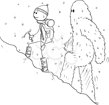 Cartoon stick figure drawing of mountain climber, mountaineer or alpinist walking with equipment uphill in snow followed by yeti or abominable snowman.