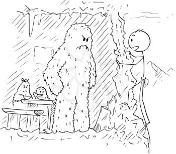 Cartoon stick figure drawing of mountain climber, alpinist or mountaineer who found cave with yeti family while climbing.