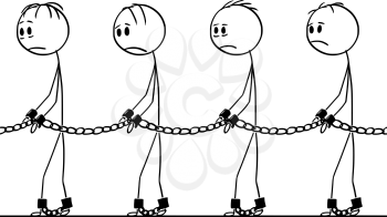 Cartoon stick figure drawing conceptual illustration of male slaves walking in chains. Horizontally tileable image.