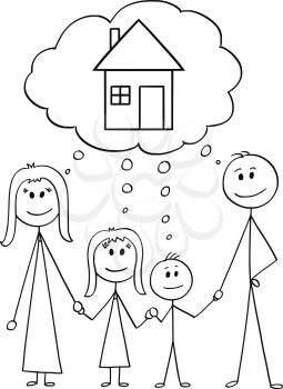 Cartoon stick figure drawing conceptual illustration of happy family, couple of man and woman and two children thinking about family house or real estate property investment.
