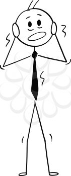 Cartoon stick figure drawing conceptual illustration of terrified or frightened businessman shaking in stress.