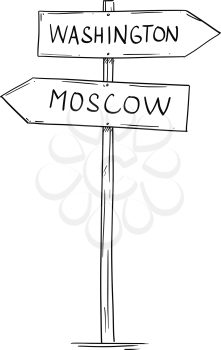 Artistic drawing of old wooden two directional road arrow sign with city Moscow and Washington texts. United States and Russia relations concept.