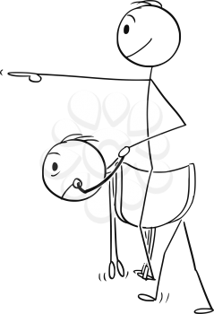 Vector cartoon stick figure drawing conceptual illustration of man or businessman sitting on saddle placed on back of another man like horse.