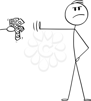 Vector cartoon stick figure drawing conceptual illustration of principled or high-principled man rejecting money or bribe or cash with hand gesture and pose.