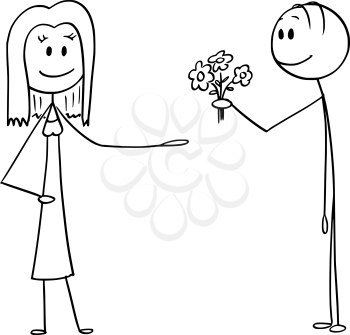 Vector cartoon stick figure drawing conceptual illustration of man offering flowers and declaring love to woman on date.