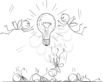 Vector cartoon stick figure drawing conceptual illustration of men or businessmen as flies or moths attracted by light bulb, some flying around and some are dead, killed by glow and heat.