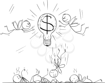 Vector cartoon stick figure drawing conceptual illustration of businessmen as flies or moths attracted by light bulb with dollar or money symbol, some flying around and some are dead, killed by glow and heat.