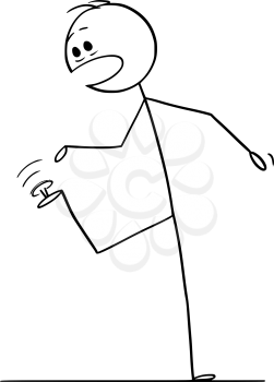 Vector cartoon stick figure drawing conceptual illustration of man or businessman who step on sharp thumbtack, pushpin or drawing pin with his shoe or bare foot.