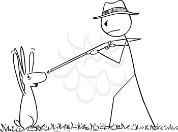 Vector cartoon stick figure drawing conceptual illustration of man with rifle or hunter pointing his gun at rabbit or hare or jackrabbit. Animal surrendered with paws or hands up.