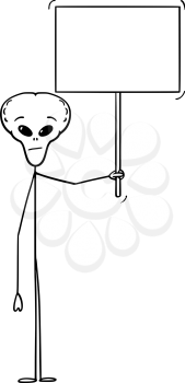 Vector cartoon stick figure drawing conceptual illustration of extraterrestrial alien holding empty sign ready for your text.