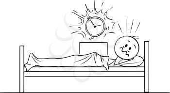 Vector cartoon stick figure drawing conceptual illustration of tired man lying in bed and woken by ringing alarm clock in the early morning.