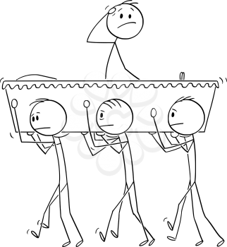 Vector cartoon stick figure drawing conceptual illustration of group of men carrying coffin during burial or funeral ceremony, dead man wake up and looking surprised .