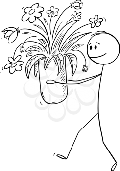 Vector cartoon stick figure drawing conceptual illustration of man walking and carrying or holding big vase of blooming flowers.