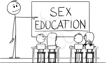 Vector cartoon stick figure drawing conceptual illustration of teacher in classroom with marker in hand pointing at sex education written on whiteboard.