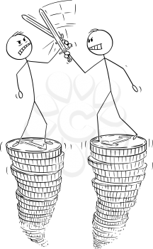 Vector cartoon stick figure drawing conceptual illustration of two businessmen fighting with swords or fencing on money or coins piles.