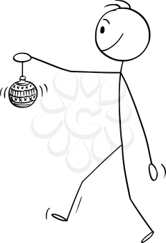 Vector cartoon stick figure drawing conceptual illustration of man walking and holding glass ball Christmas ornament.