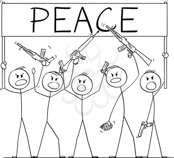 Vector cartoon stick figure drawing conceptual illustration of group or crowd of soldiers, or armed people with guns demonstrating or brandish with pistols and rifles and holding peace sign.