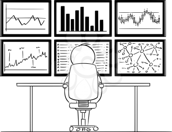 Vector cartoon stick figure drawing conceptual illustration of man or businessman sitting in front of six computer monitors mounted on wall, and analyzing graphs and market data.