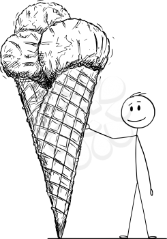 Cartoon stick figure drawing conceptual illustration of man leaning on big cone of ice cream or icecream.